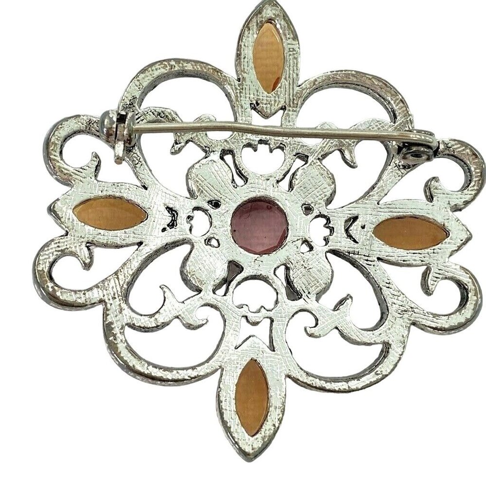 Brooch Pin Fashion Jewelry Rhinestones Amber Pink Silver Tone - Picture 4 of 9